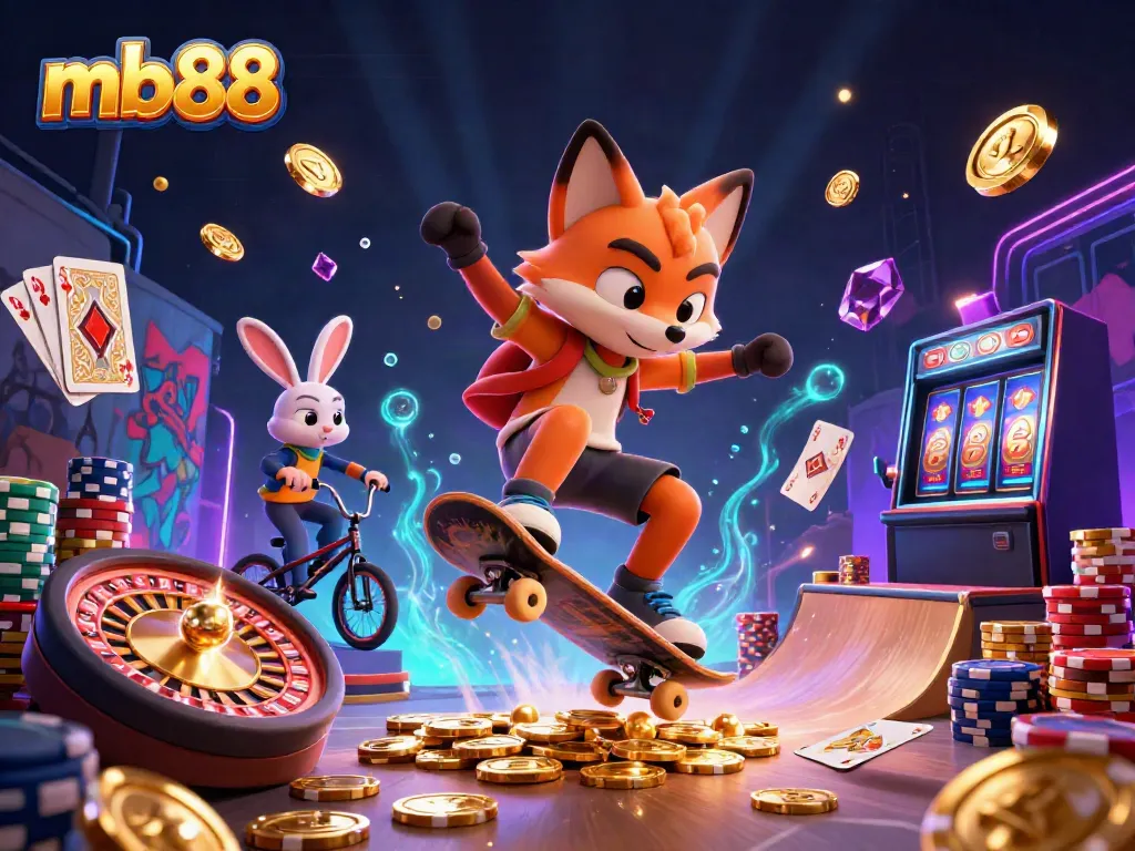 Experience the thrill of mb88 gaming with a vibrant, colorful casino scene featuring characters and dynamic elements.