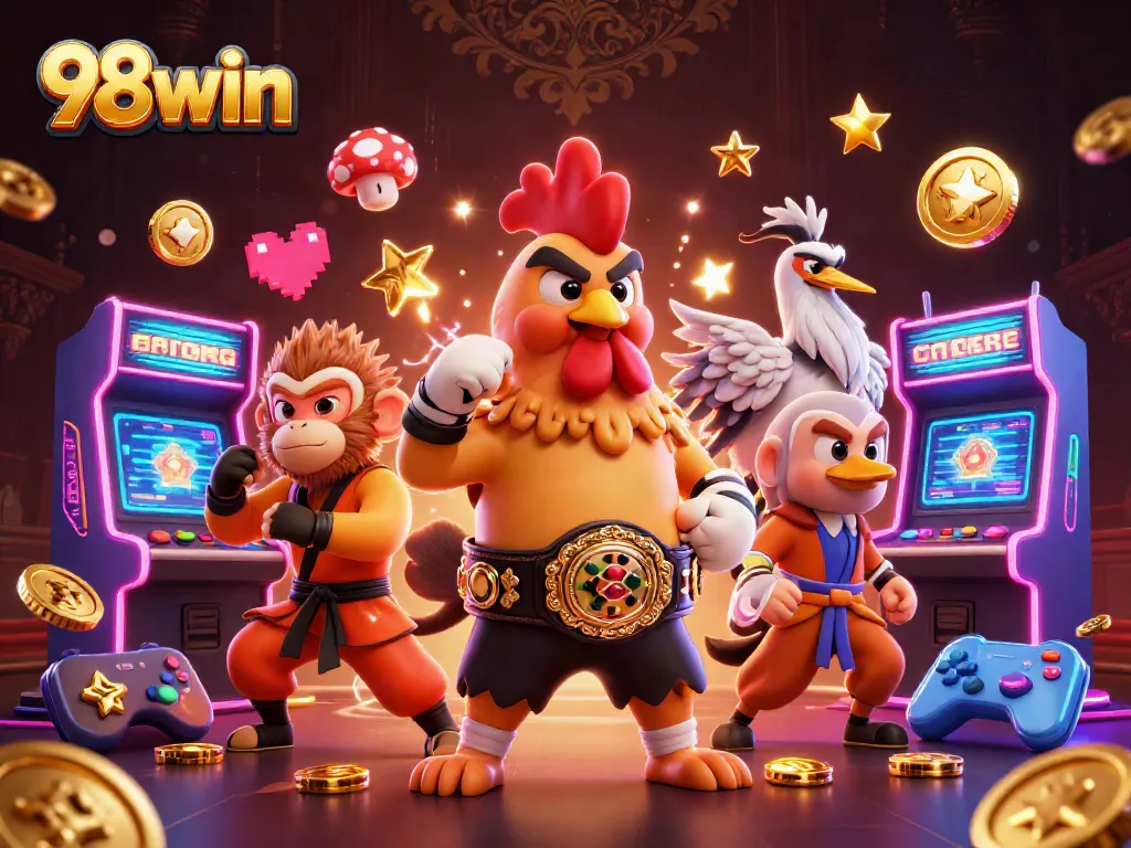 Engage in thrilling gaming action with 98win's vibrant casino-themed illustration featuring dynamic characters.