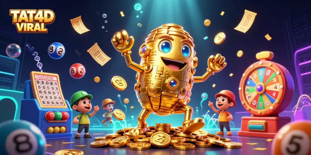 Experience the excitement of TAT4D VIRAL with a dynamic 3D scene showcasing vibrant lottery themes and lively gaming elements.