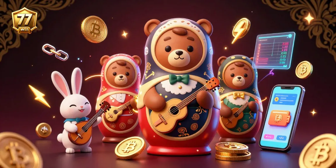 Join the excitement of 77win, where 3D bears and crypto elements celebrate thrilling casino games.