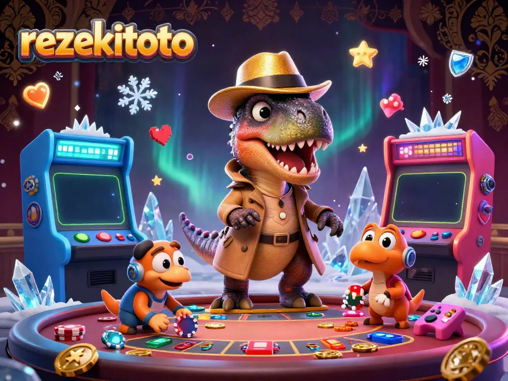 Engage with rezekitoto's vibrant scene of a velociraptor card counter at a blackjack table amidst casino elements.