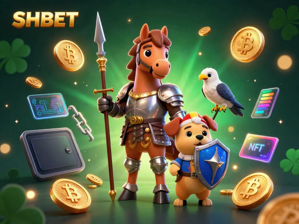 Engage with SHBET's thrilling casino experience featuring a knight, puppy, and falcon amidst vibrant crypto elements.