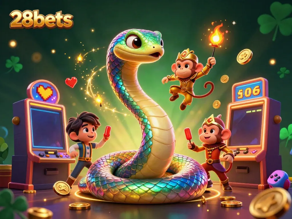 Experience vibrant gaming adventures with 28bets, featuring a playful monkey king and a rainbow serpent.