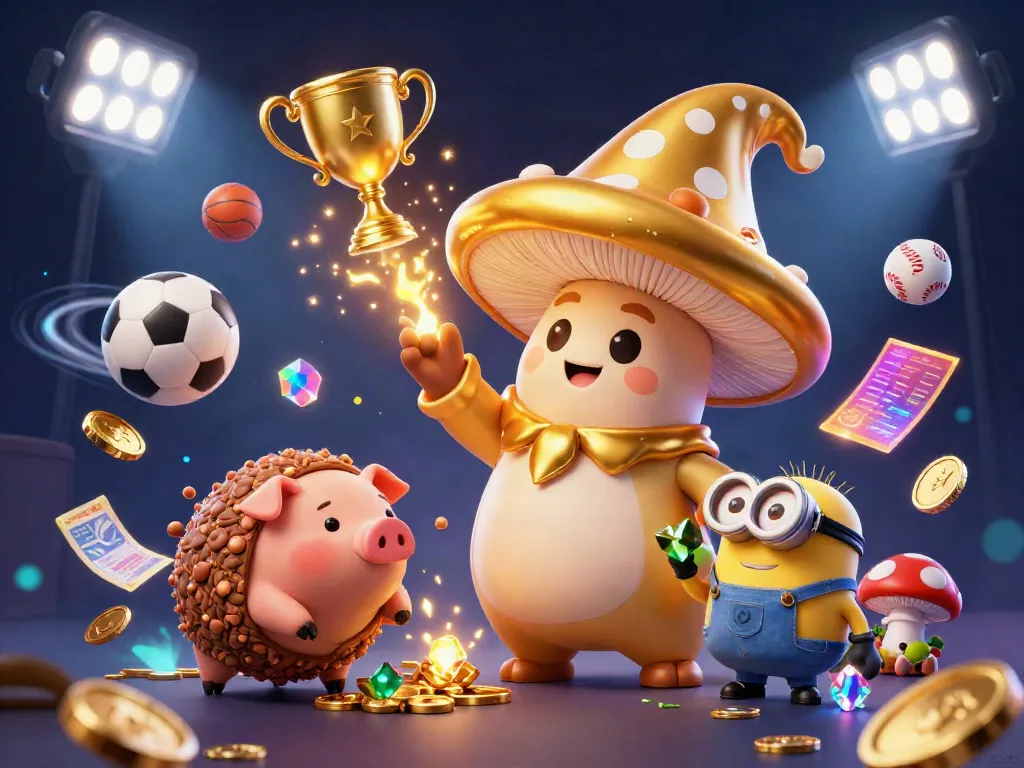 Experience the excitement of 98WIN with a magical mushroom wizard and sports elements in this dynamic scene.