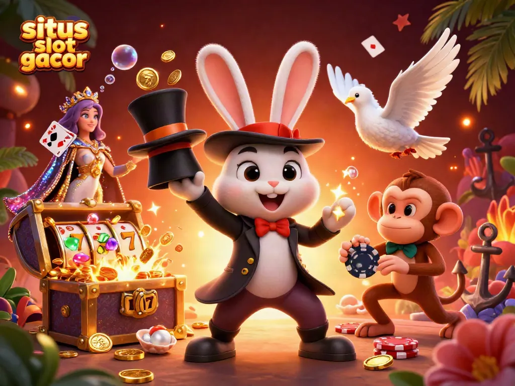 Engage with situs slot gacor, featuring a cartoon magician rabbit pulling gold coins and playful casino elements.
