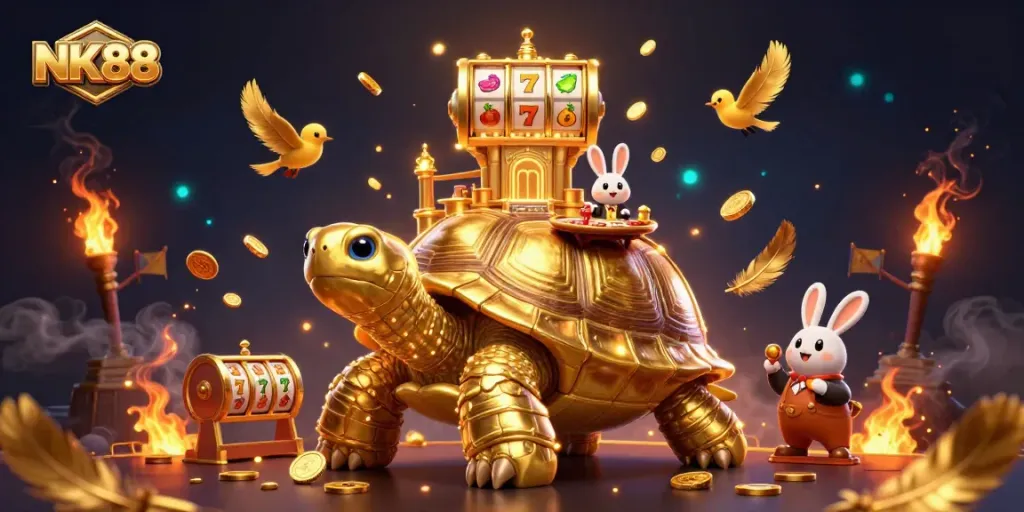 Engage with NK88 at the vibrant casino, featuring a golden tortoise, a rabbit dealer, and flying coins.
