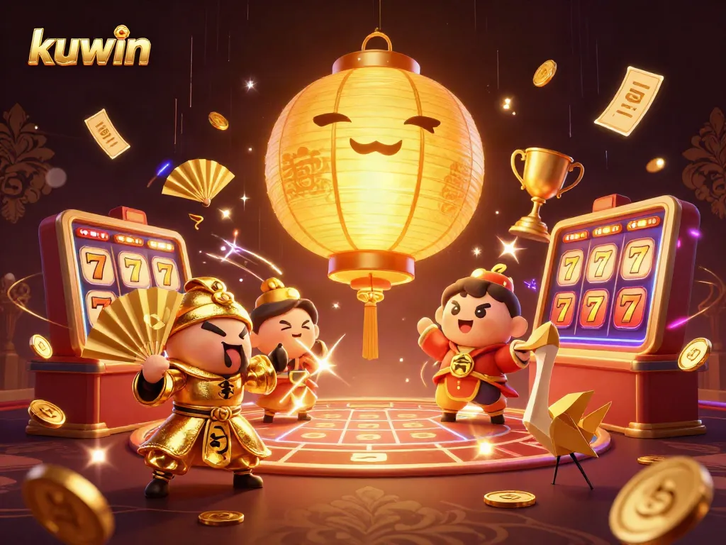 Kuwin captivates players with vibrant slot gaming symbols and the magical lantern spirit above a bustling casino atmosphere.