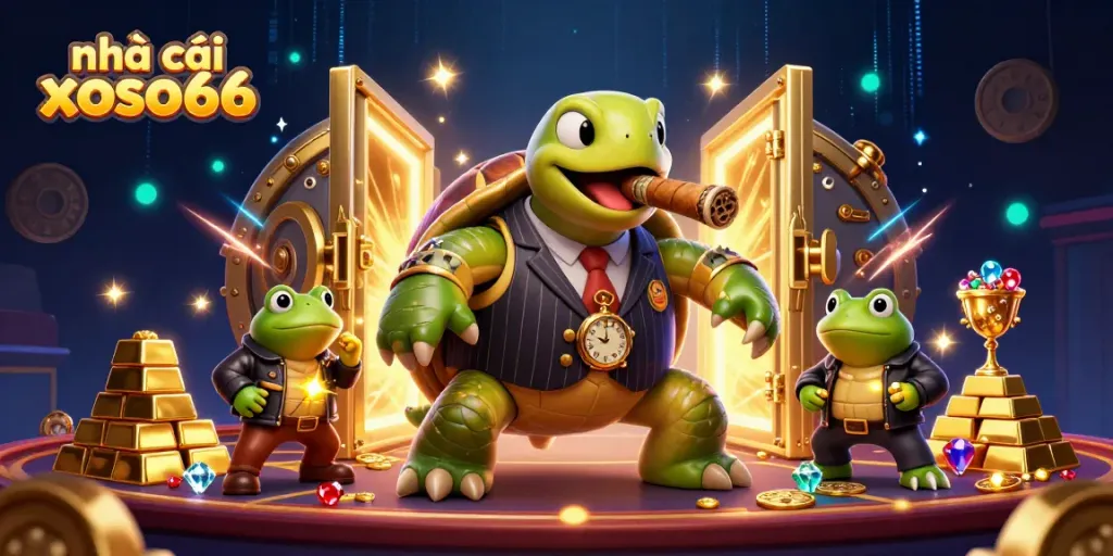 Experience thrilling moments with nhà cái xoso66, featuring a mobster turtle and frog enforcers amid golden treasures.