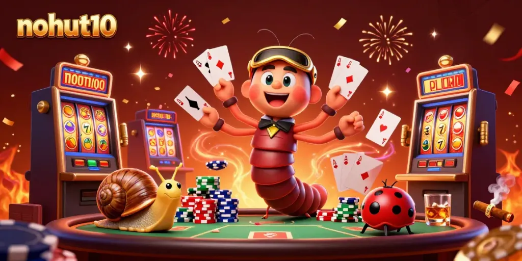 Experience thrilling winnings at nohut10 with an animated millipede dealer showcasing playing cards surrounded by vibrant slot elements.