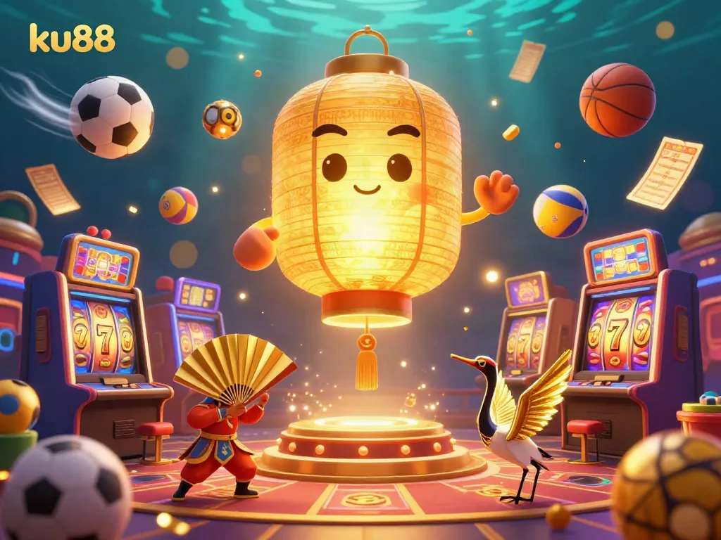 Engaging ku88 casino scene with golden lantern spirit, dynamic slot machines, and animated sports elements.