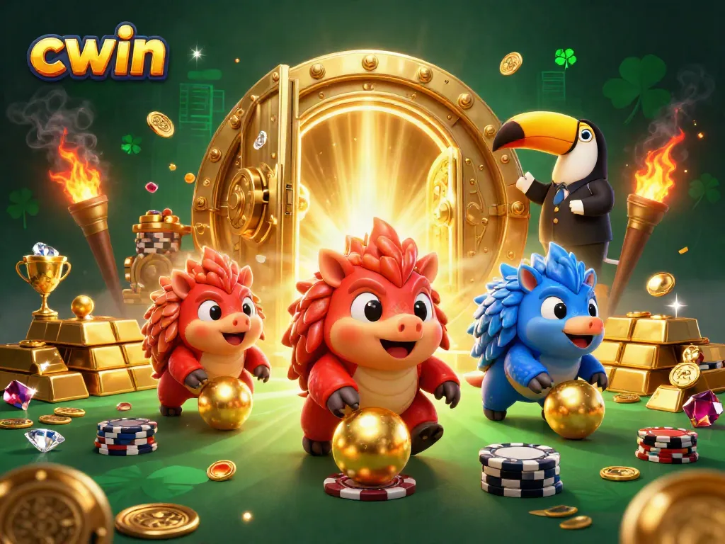 Cwin pangolins compete in a vibrant casino scene filled with gold, poker chips, and exciting dynamics.
