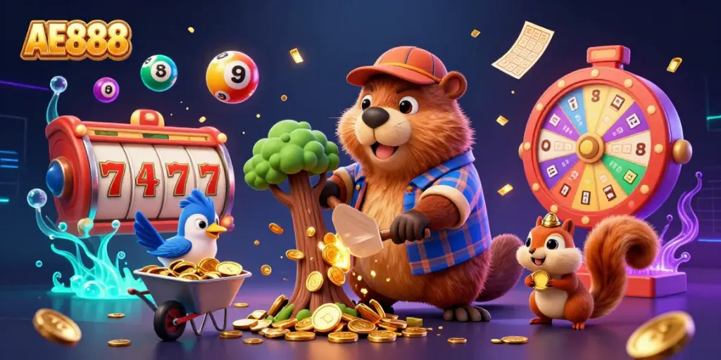 Chop trees and win gold coins in a vibrant AE888 gaming scene.