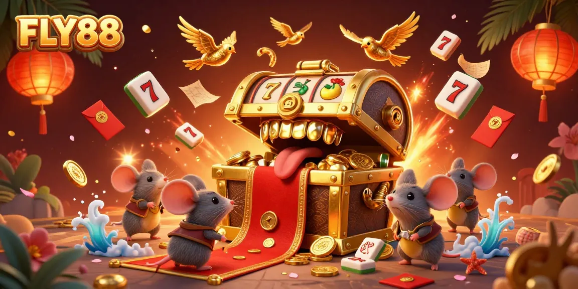 Experience FLY88's vibrant casino adventure with a golden treasure chest and slot reels.