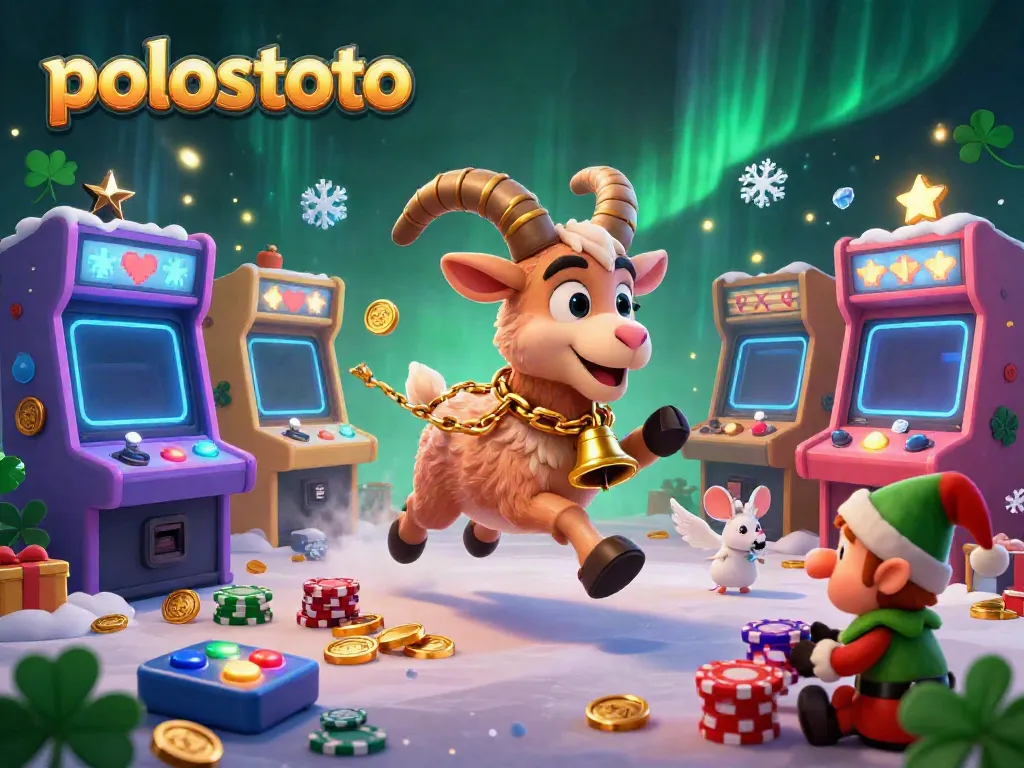 Experience the thrill of polostoto with a festive casino scene featuring a Krampus goat and gremlins amidst 3D game elements.