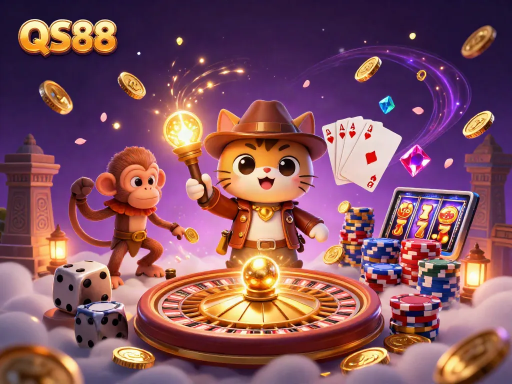 Engage in thrilling gameplay at QS88 with a cat explorer and monkey in a gold casino artifact scene.