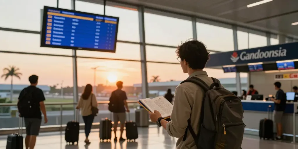 Garuda 404 flight status update with traveler checking details at airport terminal.
