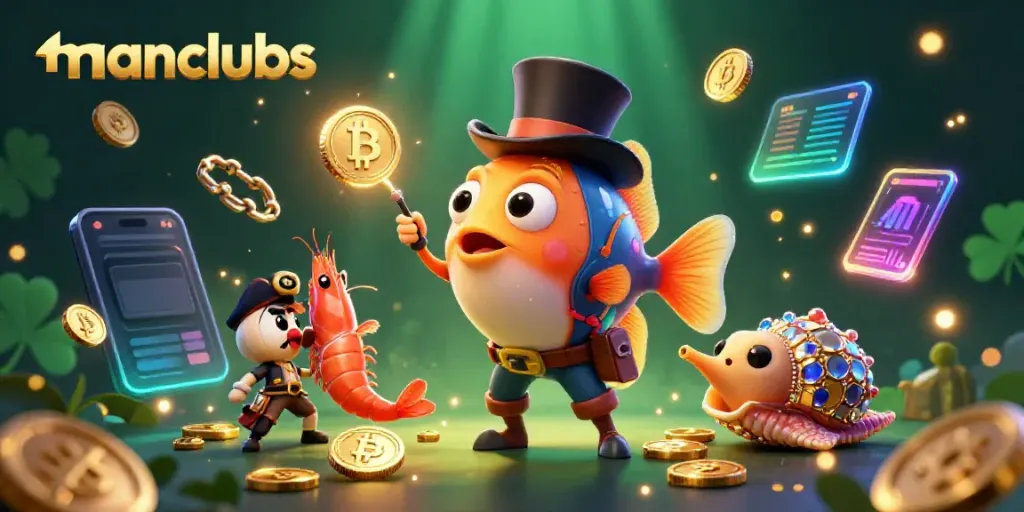 Win big with manclubs through this vibrant sea-themed 3D casino illustration featuring exciting cryptocurrency elements.