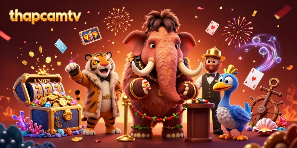 Engage with thapcamtv's thrilling casino experience featuring cartoon characters amidst vibrant gaming elements.