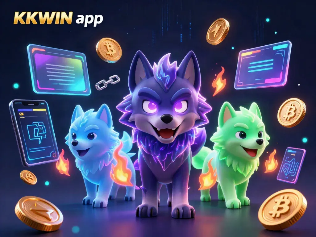 Experience the KKWIN app's thrilling gameplay with ghostly wolf characters amidst crypto elements.