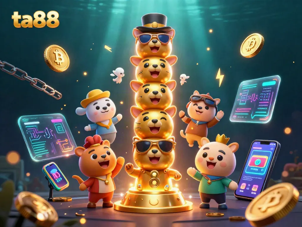 Join ta88 players at a vibrant 3D casino scene filled with animated characters and crypto elements.