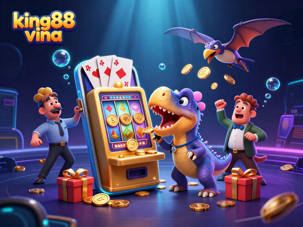 Win big with king88 vina as a dinosaur hits a slot machine showering coins in a lively casino scene.