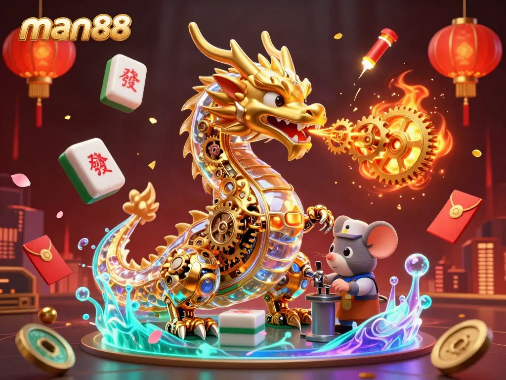 Engage with man88's dynamic gaming world, featuring a golden dragon and vibrant casino elements.