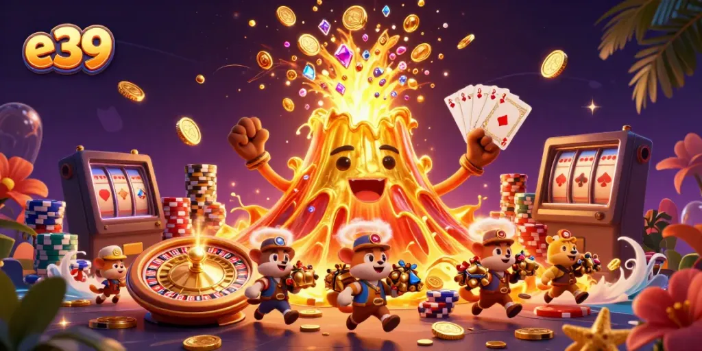 e39 enhances the excitement of online gambling with dynamic casino visuals featuring treasures and game elements.