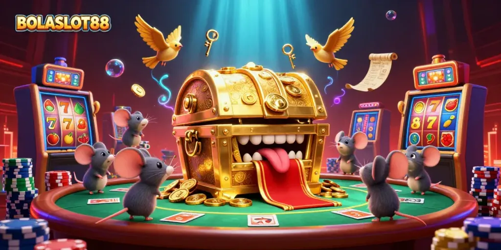 BOLASLOT88 offers adventurous mice a treasure-filled casino experience with vibrant slot reels and poker elements.