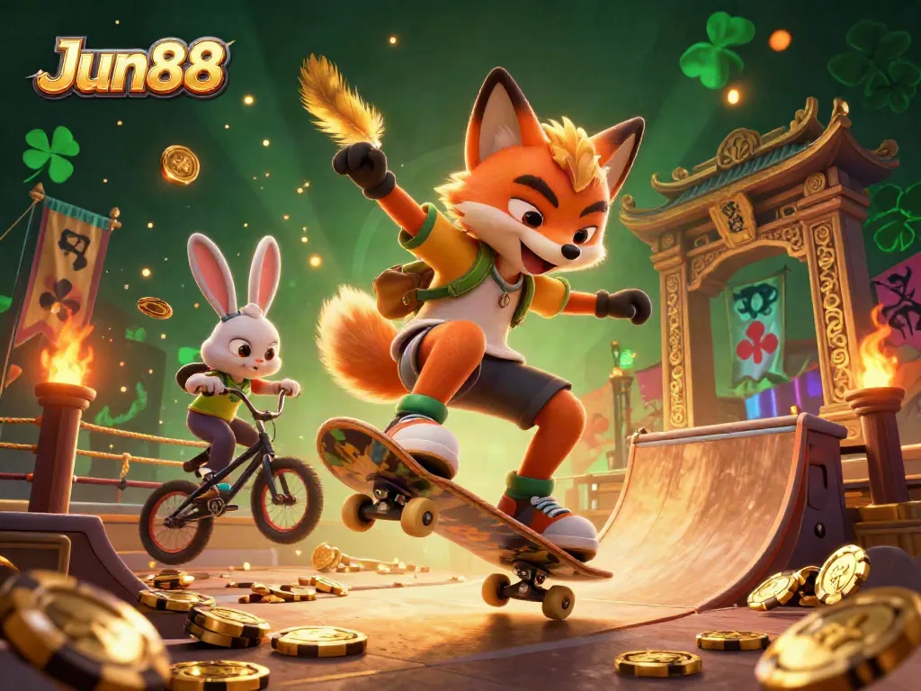 Engage with Jun88's vibrant casino scene featuring a skateboarder fox and BMX rabbit amidst golden poker chips.