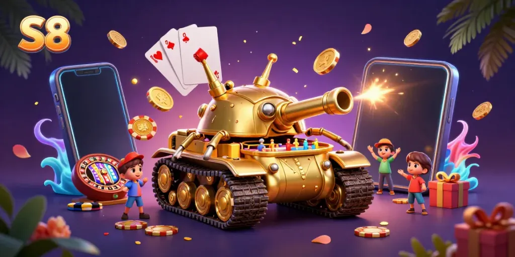 Experience S8's thrilling miniature casino in a dynamic golden beetle tank scene.