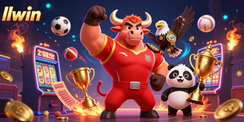 llwin casino scene featuring a muscular bull, eagle, and panda celebrating around slot machines and gold coins