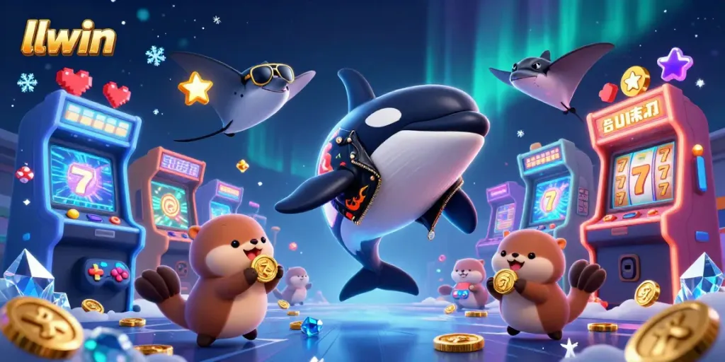 llwin presents a vibrant 3D scene with sea characters enjoying casino-themed games and golden coins.