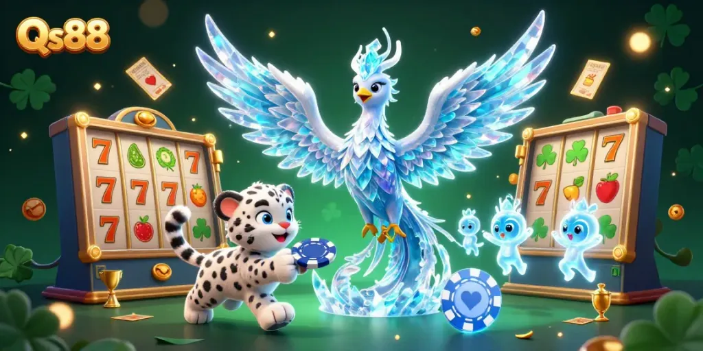 Experience thrilling slots at Qs88 with a cartoon ice phoenix and dynamic game elements.