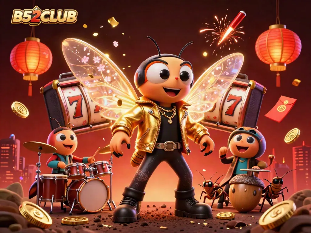 B52CLUB gamers enjoying the thrill of spinning slot reels with animated characters in a vibrant casino scene.