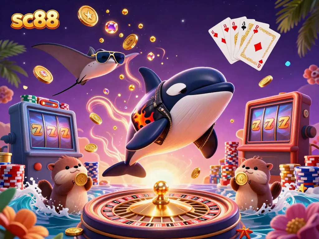 Engage with sc88's vibrant gaming scene featuring charming sea creatures amidst dazzling casino elements.