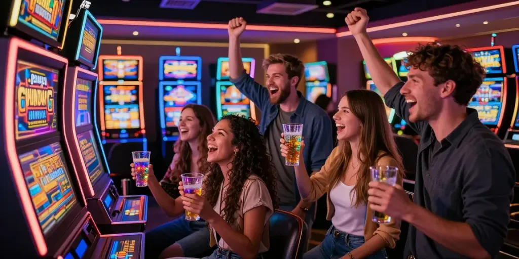 Friends celebrating a big win at a modern slot machine in a vibrant casino.