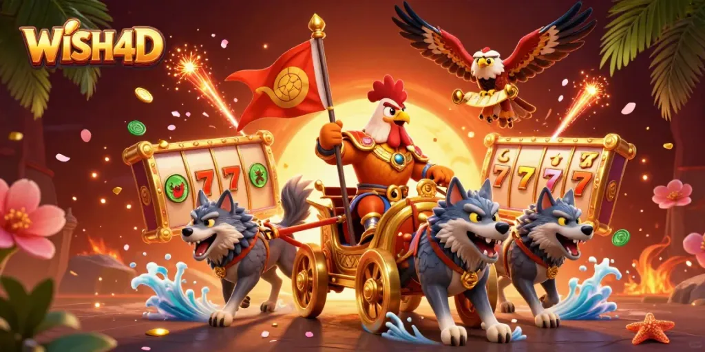 Play and win big at WISH4D with vibrant slot reels and dynamic 3D characters.