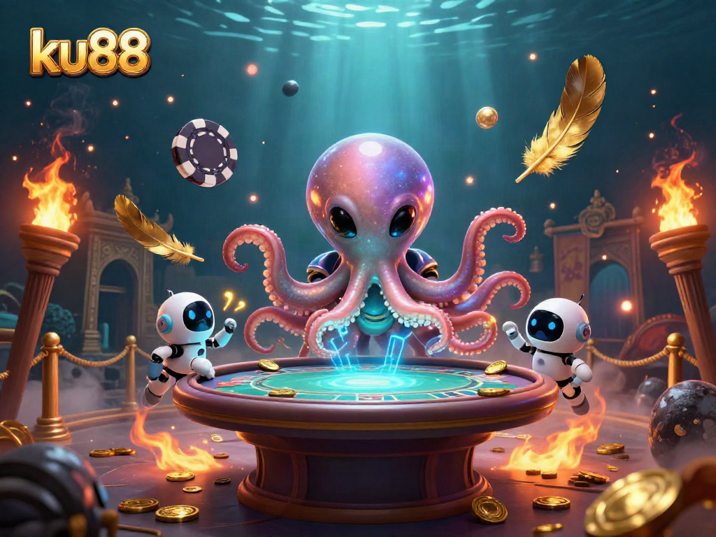 Engage with ku88's vibrant online casino gaming world through futuristic alien characters at a dazzling poker table.