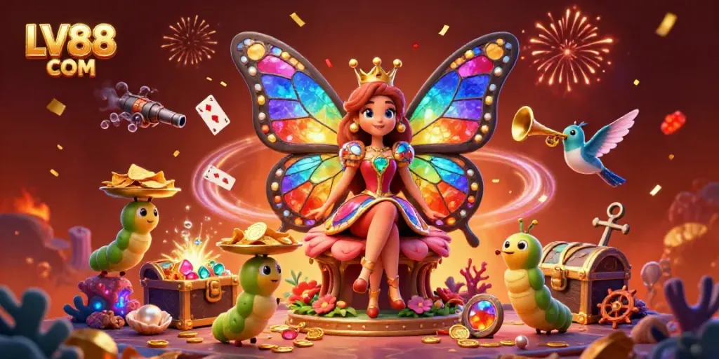 Experience the vibrant gaming world of LV88 COM with a colorful 3D butterfly queen and underwater treasures.