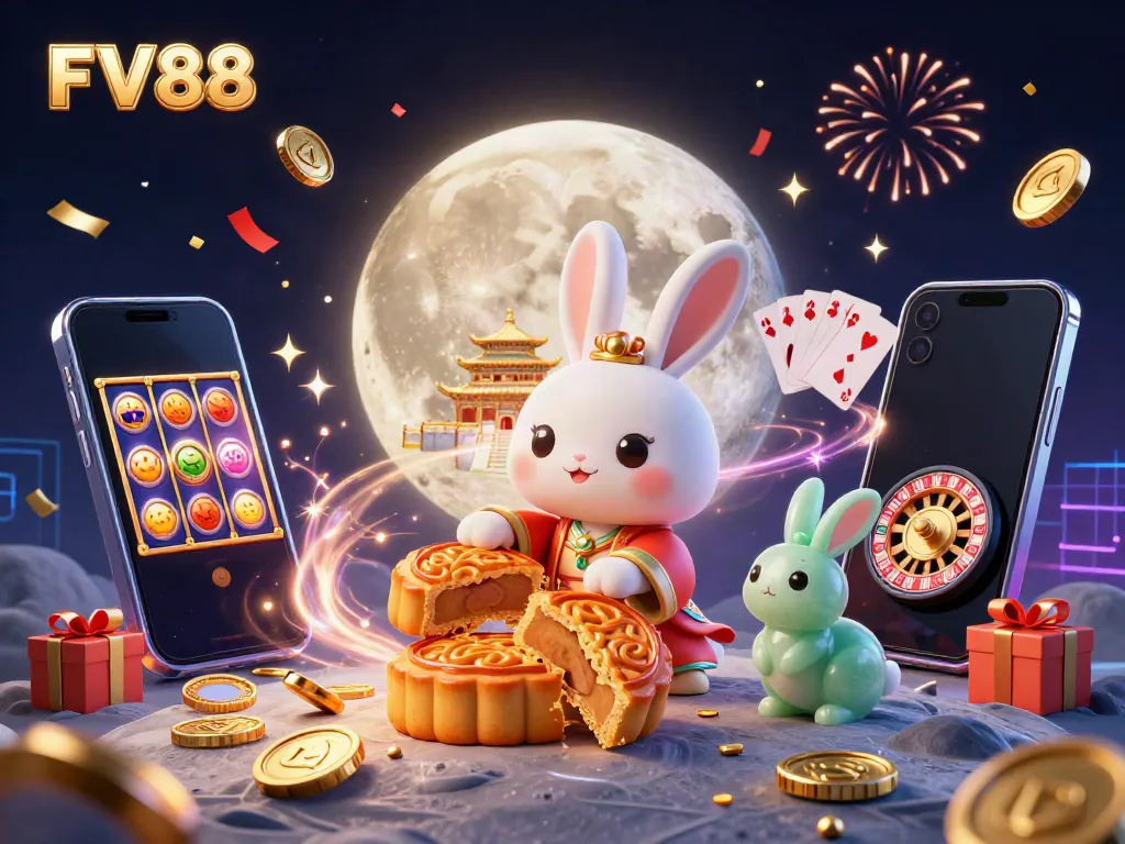 Experience the thrills of FV88 with a vibrant 3D scene featuring characters and casino elements.