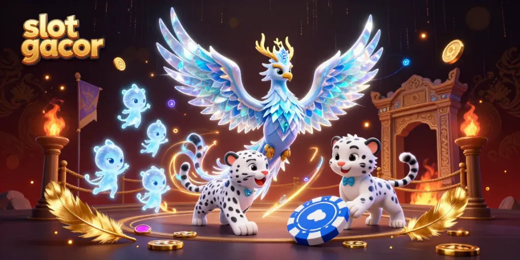 Slot gacor: ilustrasi 3D yang menampilkan phoenix es dan beruang salju di arena kasino.