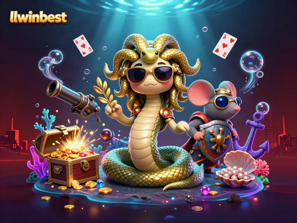 llwinbest highlights friendly Medusa in a vibrant casino scene filled with treasures and playing cards.