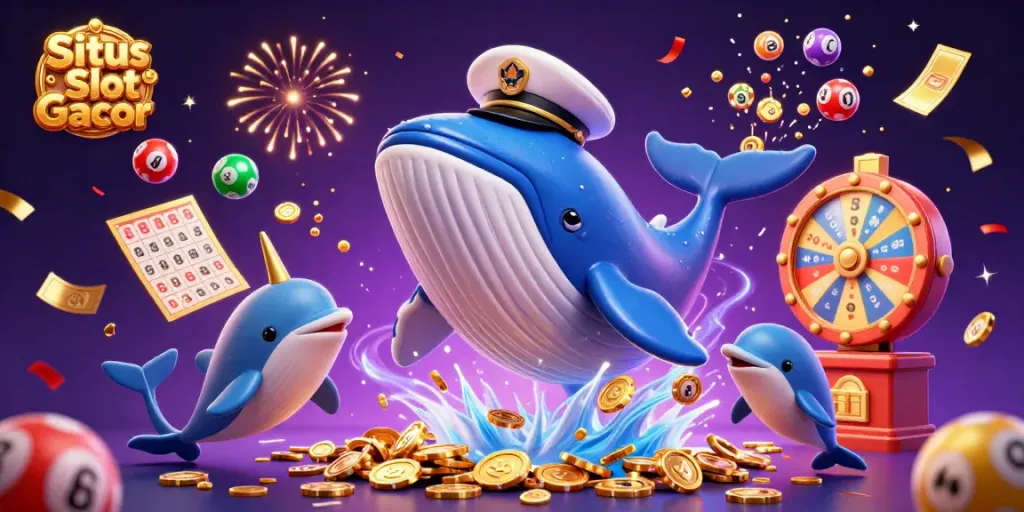 Situs Slot Gacor memukau dengan paus raksasa, narwhal bermahkota emas, dan lumba-lumba yang bermain chip poker di lautan koin.