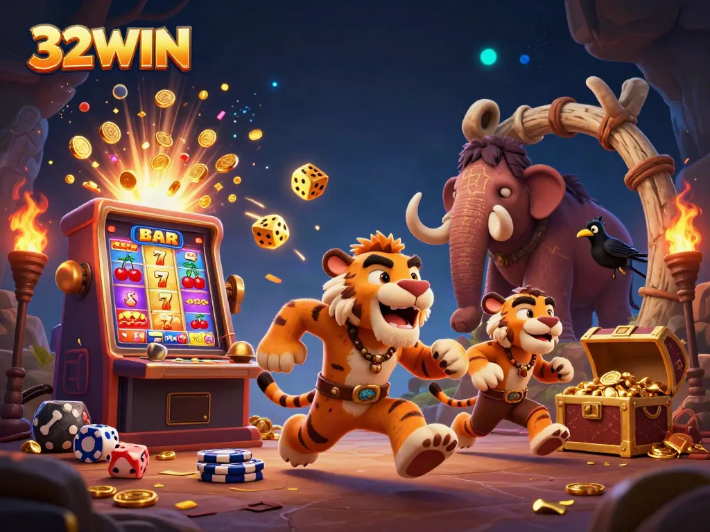 Experience the thrill of 32WIN at an exciting prehistoric casino with vibrant visuals and dynamic characters.