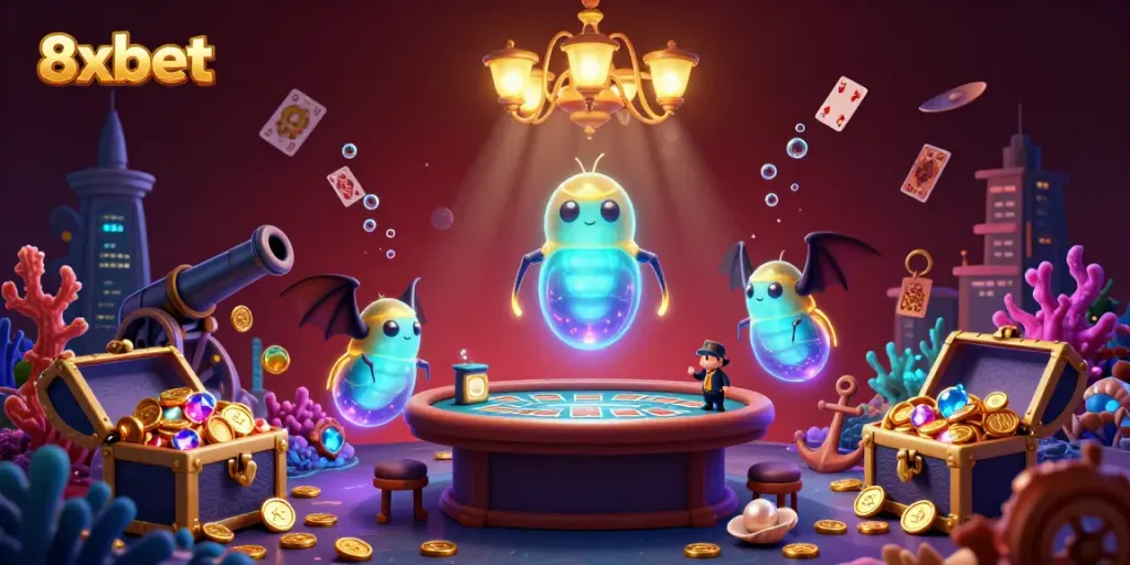 Experience thrilling gameplay at 8xbet's vibrant bioluminescent casino, illuminated by glowworms and dynamic gaming elements.