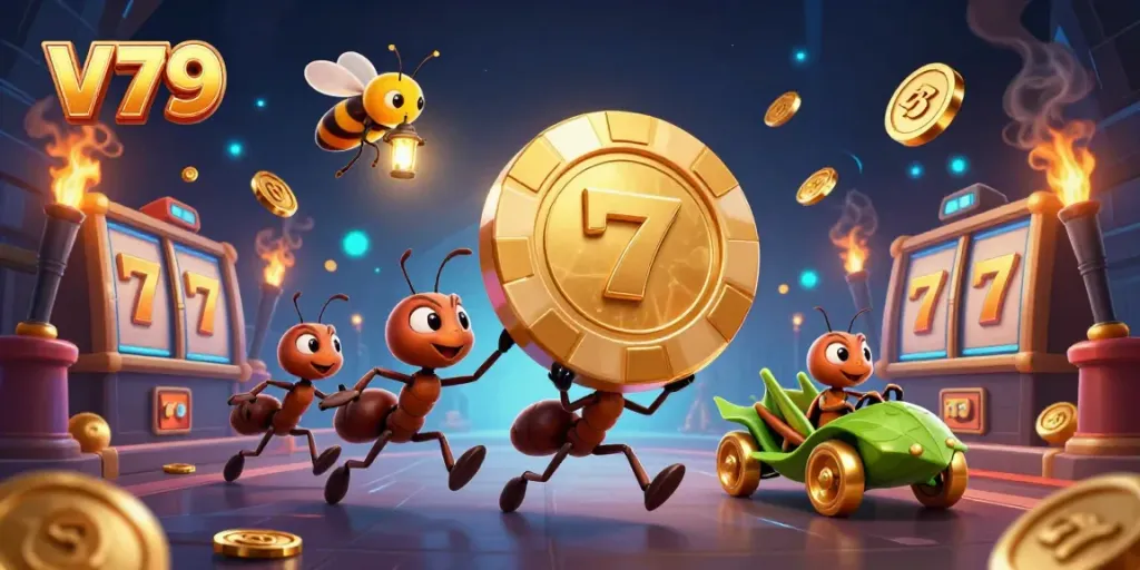 V79 – Đội quân kiến chạy đột nhập, mang theo chip poker khổng lồ với các biểu tượng trò chơi slot