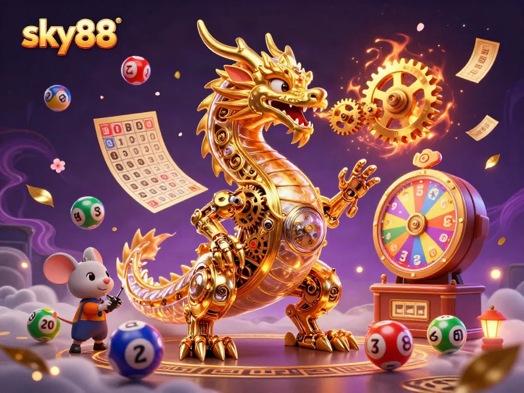 Experience the excitement of sky88 with a dragon and vibrant casino elements in a dynamic digital scene.