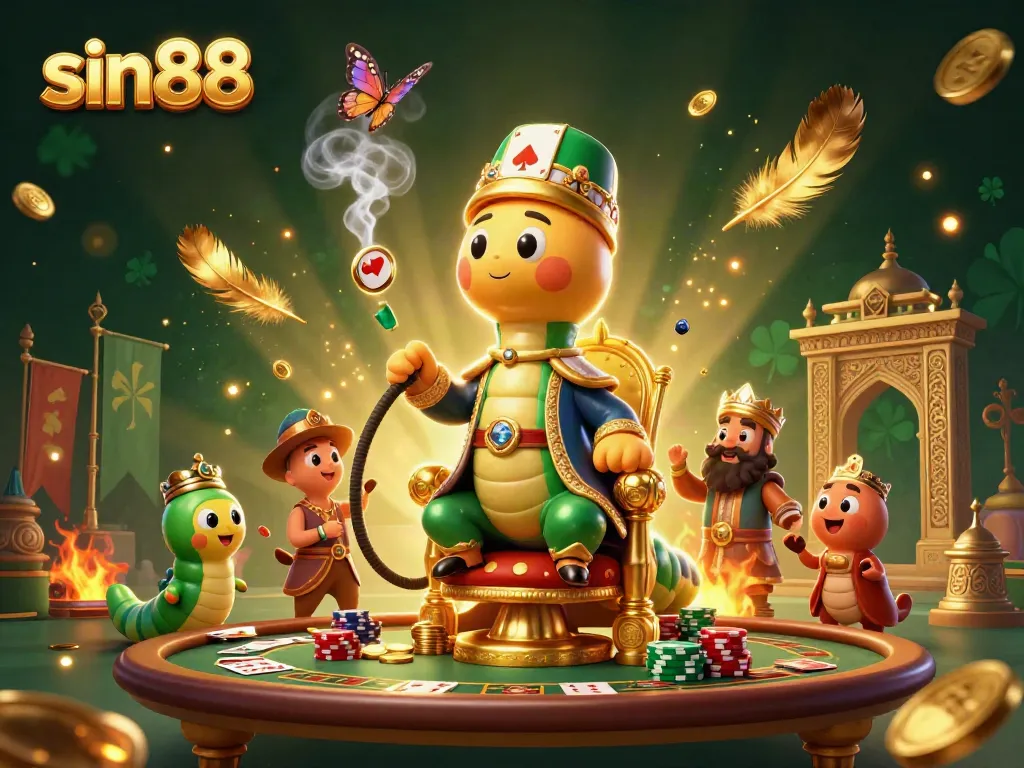 Win big at sin88 with a lively casino scene featuring a regal caterpillar and poker elements.