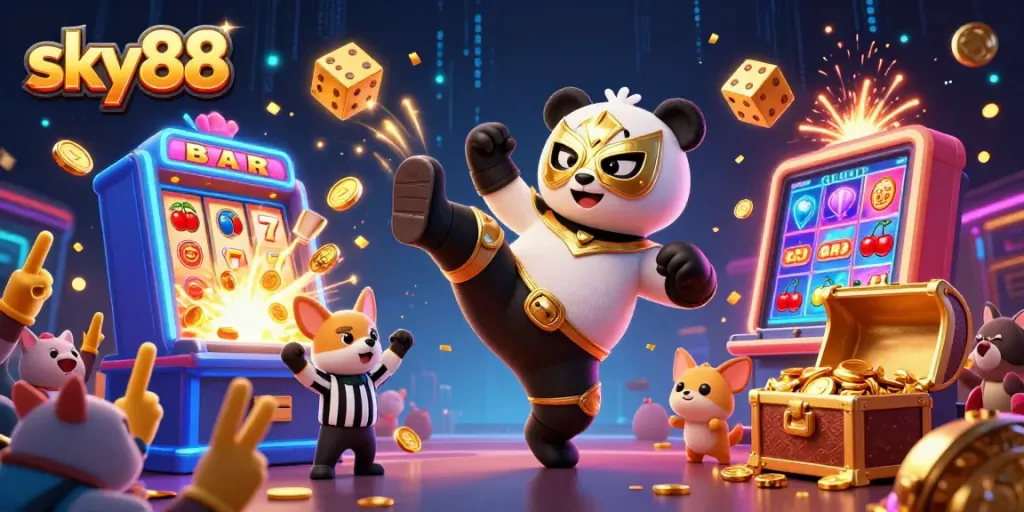 Experience sky88's vibrant casino excitement with an animated 3D scene of gambling action.