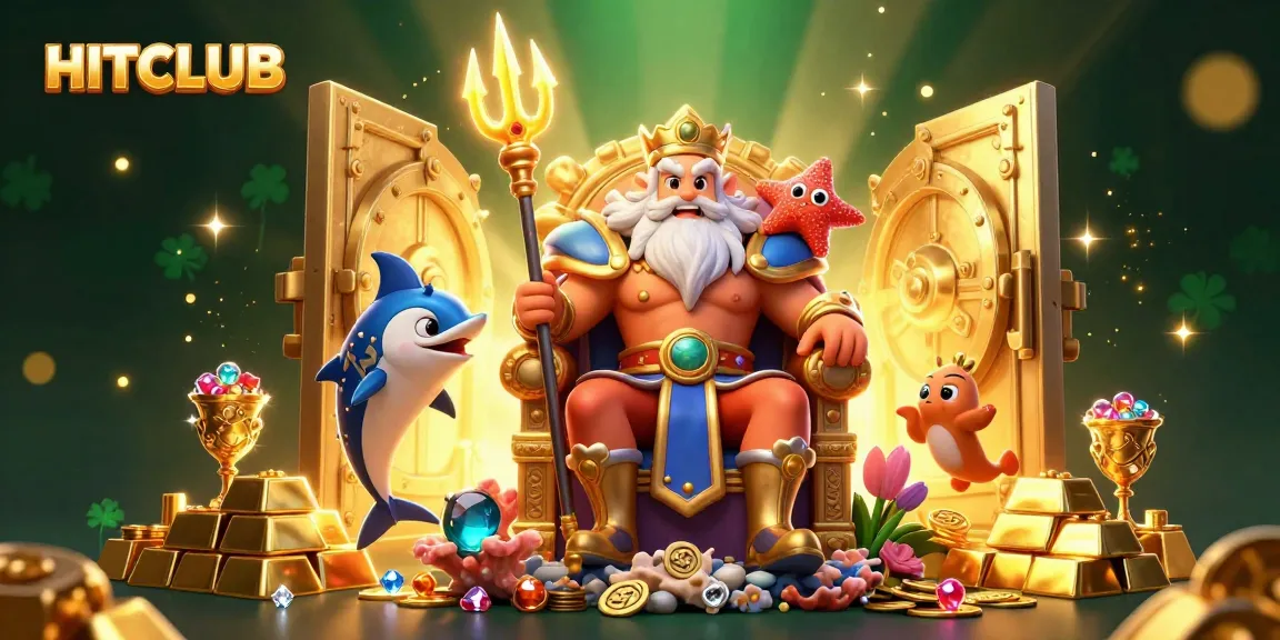 HITCLUB’s vibrant 3D representation showcases sea king Neptune surrounded by treasures and gaming elements.
